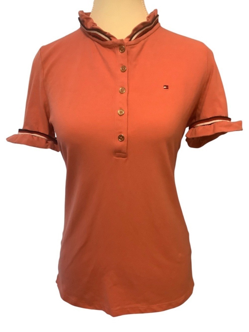 Tommy Hilfiger Ruffle Collar Polo Top Coral Pink Short Sleeve Size Small